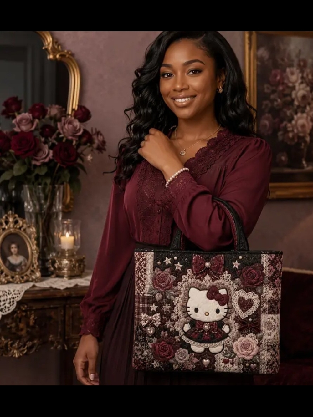 Hello Kitty Quilted Tote Bag in Burgundy
